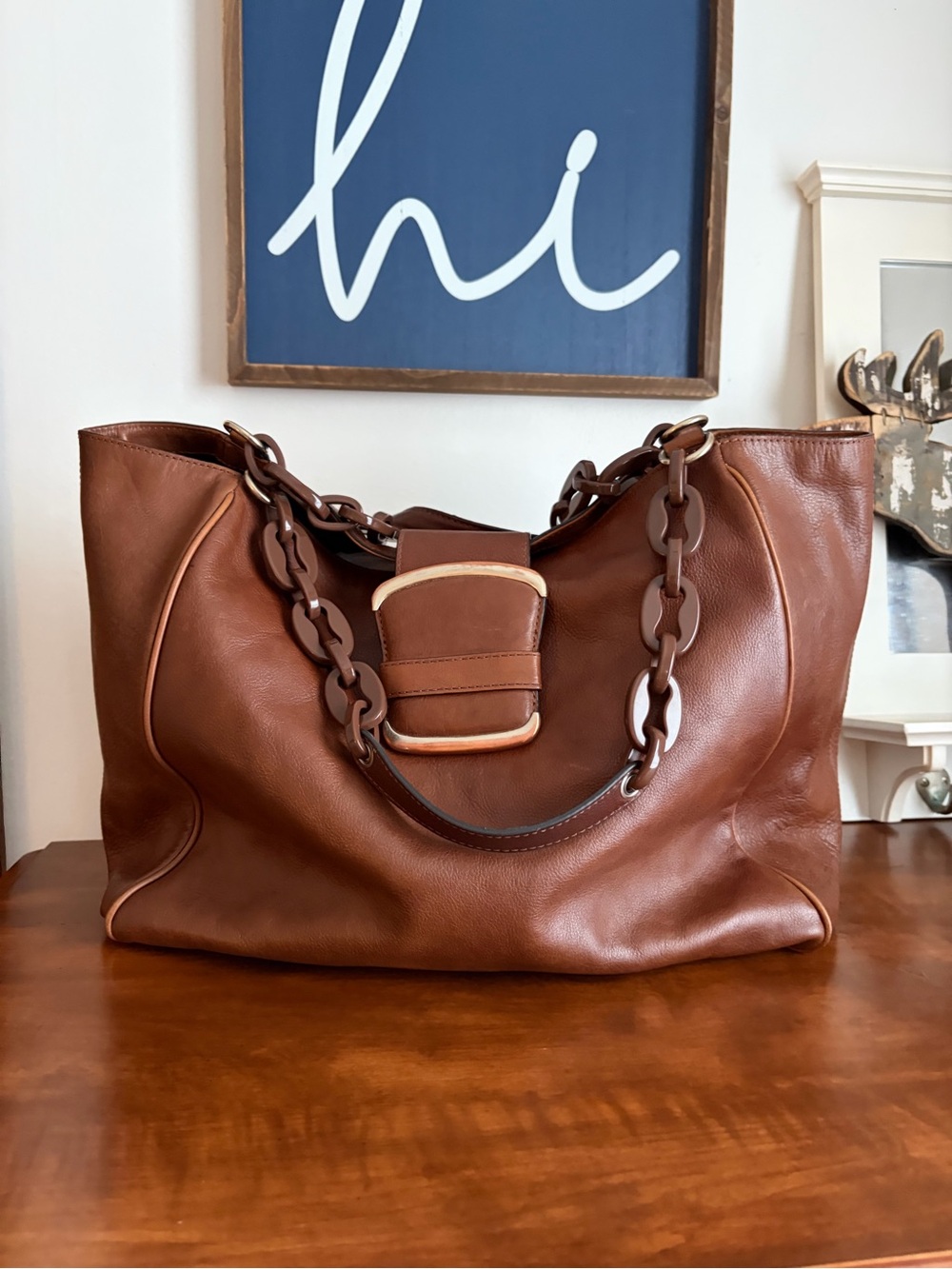 Banana Republic Brown Leather Tote with Chunky Chain Handles